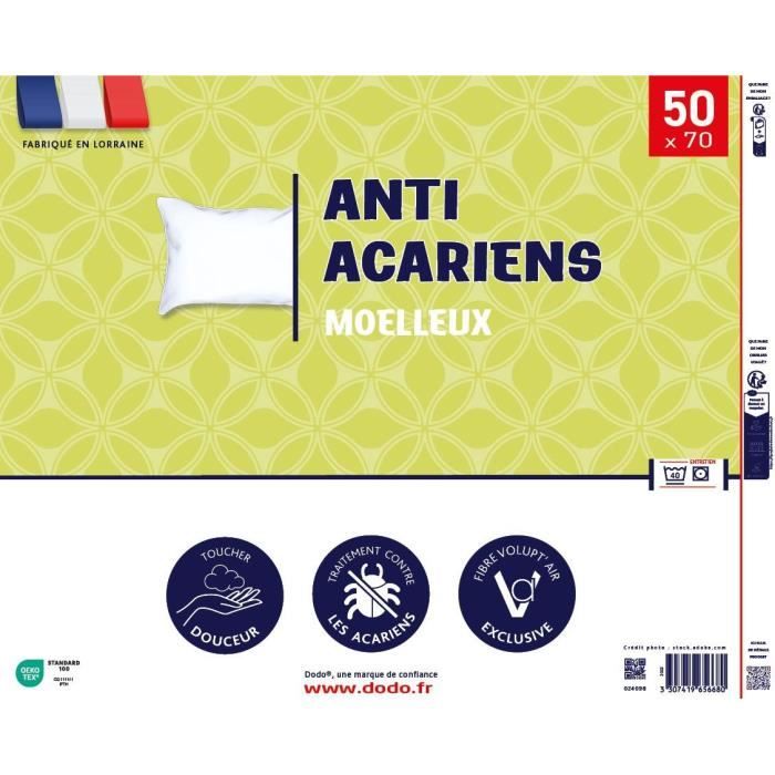 Oreiller Anti-Acariens - DODO - 50 x 70 cm - 100% Polyester - Blanc