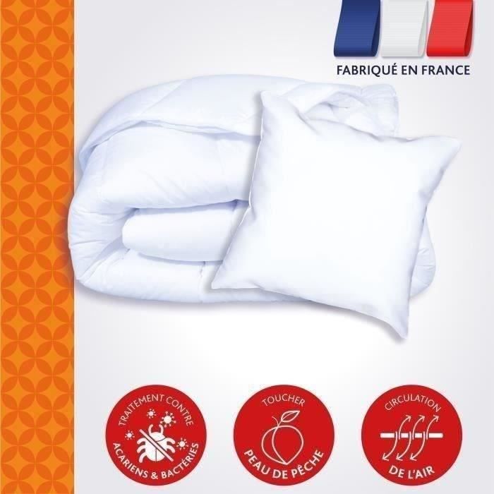 DODO Pack Couette chaude anti-acariens 140x200 cm + 1 oreiller 60x60 cm - Splendeur - Garnissage 100% volupt'air 350gr/m² - Blanc