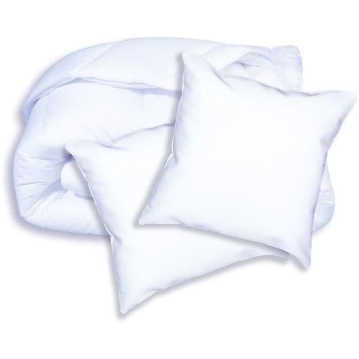 DODO Pack Couette chaude anti-acariens 220x240 cm + 2 oreillers 60x60 cm - Splendeur - Garnissage 100% volupt'air 350gr/m˛ - Blanc