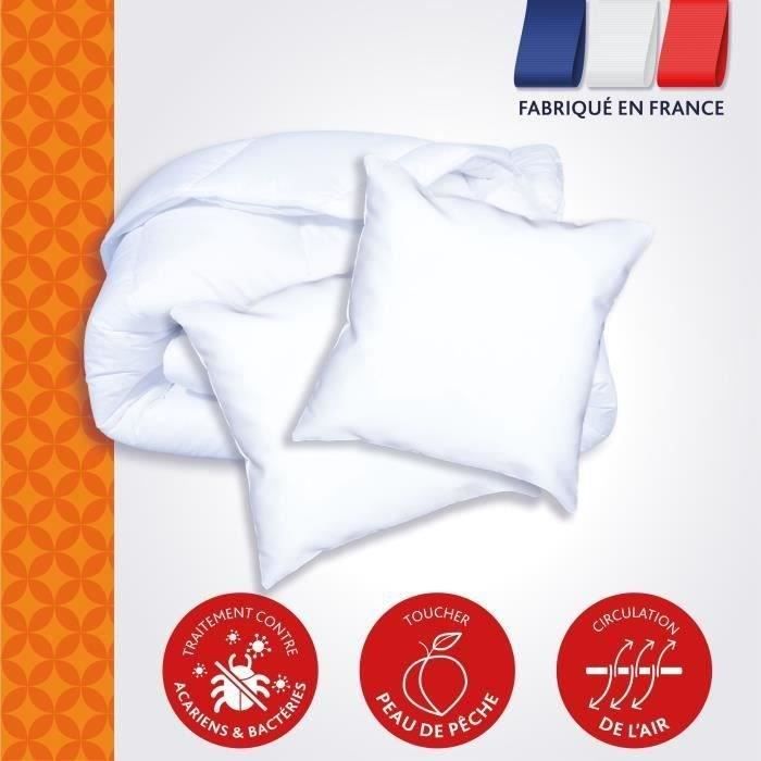 DODO Pack Couette chaude anti-acariens 220x240 cm + 2 oreillers 60x60 cm - Splendeur - Garnissage 100% volupt'air 350gr/m˛ - Blanc