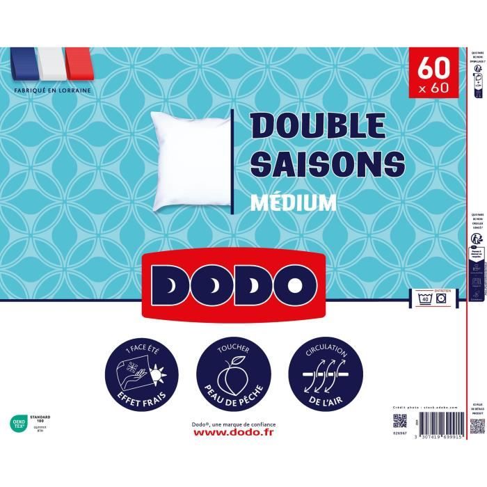 Oreiller Double Saisons DODO - 60 x 60 cm - 100% Polyester VOLUPT'AIR - Blanc