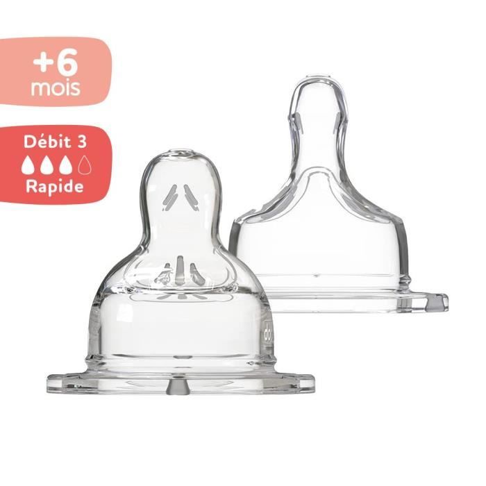 Lot de 2 tétines pour biberon Sensation+ Dodie - Tétines Plates Col Large Débit 3 - 6 mois et plus