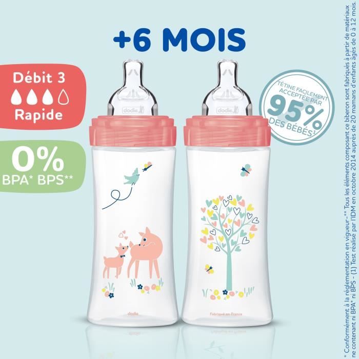 Dodie Lot de 3 Biberons Anti colique Sensation+, Fille, 330 ml, +6 Mois, TÈtine Plate, DÈbit 3