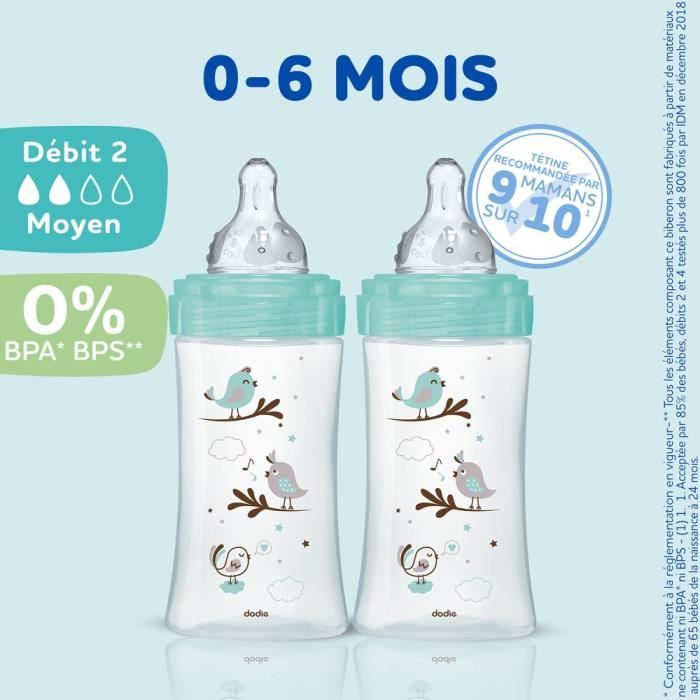 Lot de 3 Biberons DODIE Anti-Colique Initiation+ - Verre - 270ml - 0-6 Mois - TÈtine Ronde - DÈbit 2