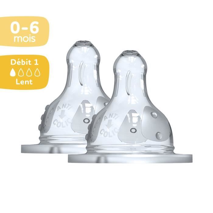 Dodie Biberon Initiation+ Anti-Coliques 3 Vitesses Tétine Ronde Col Large Débit 1 0-6 mois. Lot de 2 tétines.