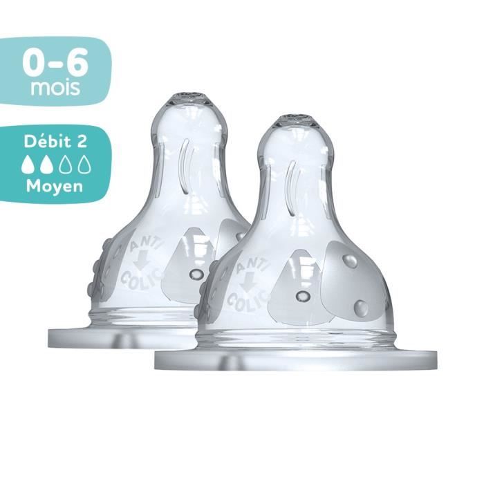 Dodie Biberon Initiation+ Anti-Coliques 3 Vitesses 0-6 mois Tétine Ronde Col Large Débit 2. Lot de 2 tétines.