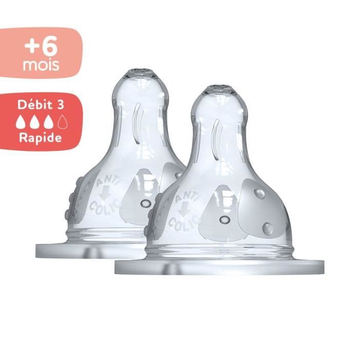 Dodie Biberon Initiation+ Anti-Coliques 3 Vitesses Tétine Ronde Col Large Débit 3 - 6 mois et plus. Lot de 2 tétines.