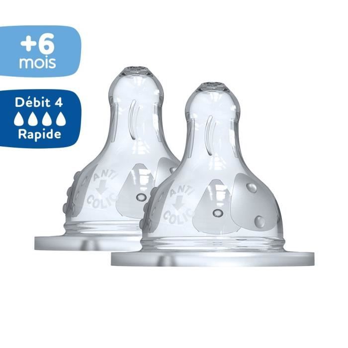 Dodie Biberon Initiation+ Anti-Coliques 3 Vitesses Tétine Ronde Col Large Débit 4 - 6 mois et plus. Lot de 2 tétines.