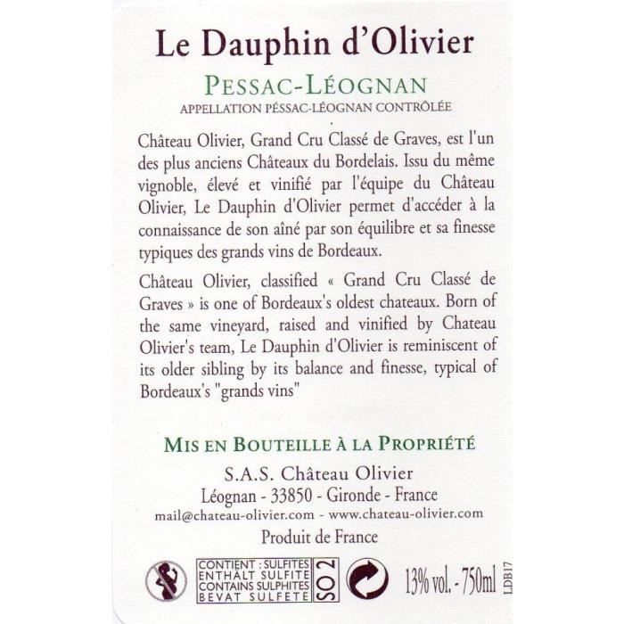 Dauphin d'Olivier 2017 Pessac-Léognan - Vin rouge de Bordeaux