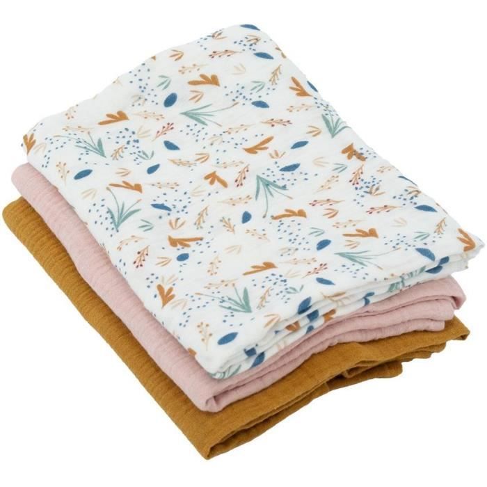 Lot de 3 langes Bambou - DOMIVA - 1 ImprimÈ + 2 Uni - Rose caramel - 60x60 cm