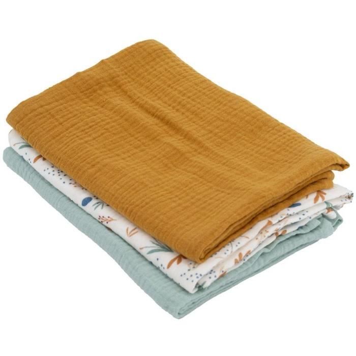 Lot de 3 langes Bambou - DOMIVA - 1 ImprimÈ + 2 Uni - Vert caramel - 60x60 cm