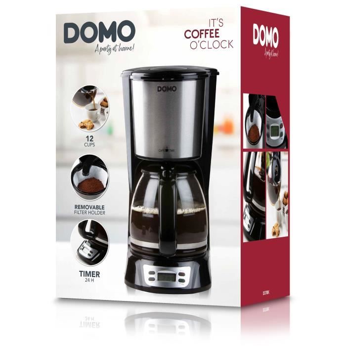 Cafetiere Filtre - DOMO - DO708K - 1000 W - 1,5 L - 12 tasses - Ecran LCD - Minuteur 24 h - Noir et acier inoxydable