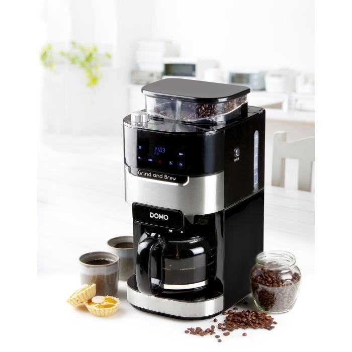 Cafetiere filtre avec moulin intÈgrÈ - DOMO - DO721K - 900 W - 1,5 L - 12 tasses - 200 g de grains - Ecran LCD - 3 intensitÈs -