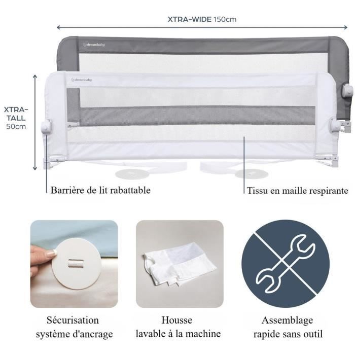 Barriere de lit Dreambaby Nicole - lits encastrés et aux lits plats- Mesurant 150 cm de large et 50 cm de haut - Gris