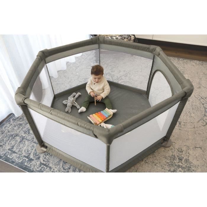 Parc Explore - DREAMBABY - 6 côtés avec base en tissu et cadre rembourré - Ø 1,40 m - H 70 cm - Taupe