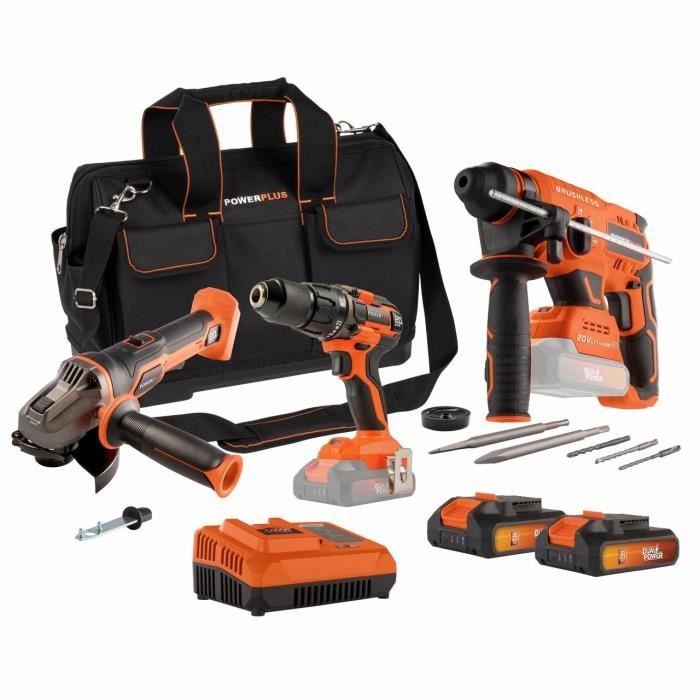 Pack 3 outils - DUAL POWER - 20 V - Perceuse/visseuse + meuleuse d'angle + marteau perforateur - 2 batteries et chargeur - Sac