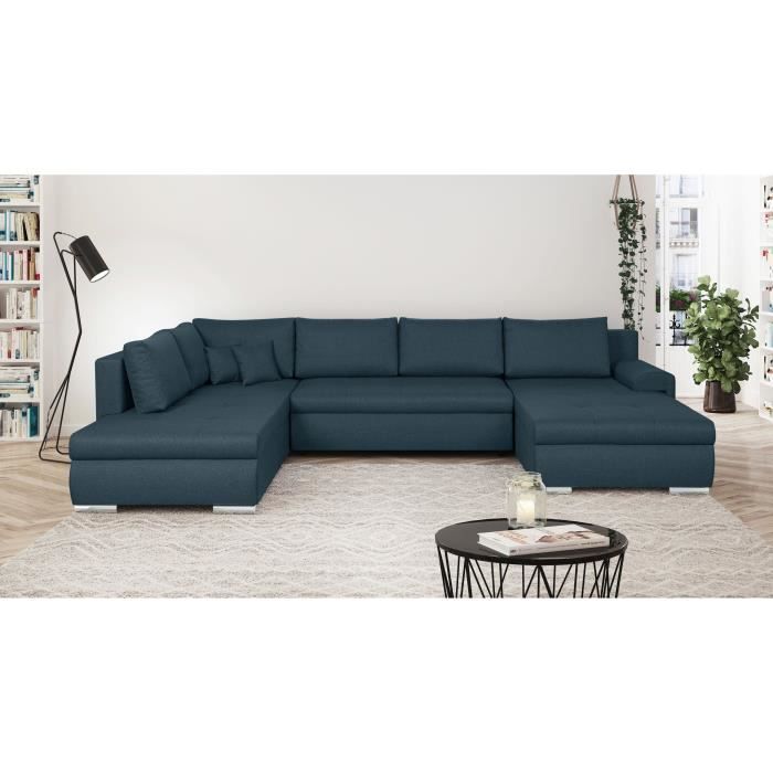 Canapé d'angle panoramique convertible -7 places - INDIAN - Tissu 100% polyester - Bleu canard - 360 x 228 cm