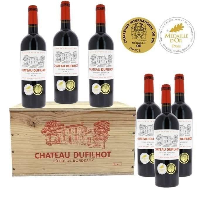 Château Dufilhot 2023 Côtes de Bordeaux - Vin rouge lot de 6 bouteilles en Caisse bois