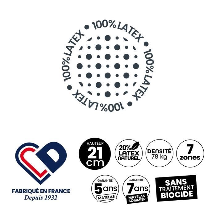 Matelas 90x190 marque DUNLOPILLO - Hauteur 21 cm Latex - Aération naturelle - 7 zones- Soutien Équilibré - Fabriqué en France