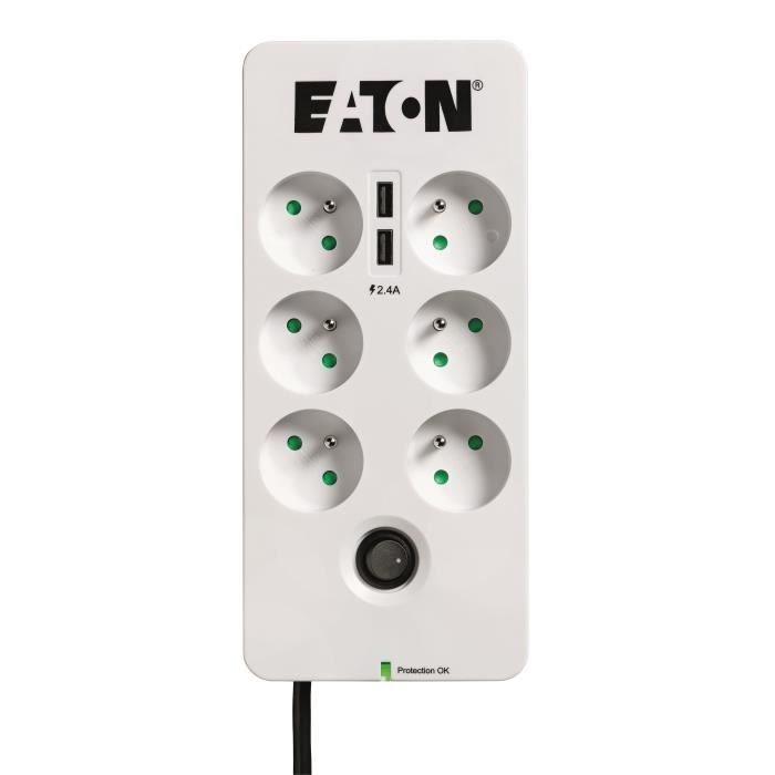 Multiprise/Parafoudre - EATON Protection Box 6 Tel USB FR - PB6TUF - 6 prises FR + 1 prise tel/RJ + 2 ports USB - Blanc & Noir