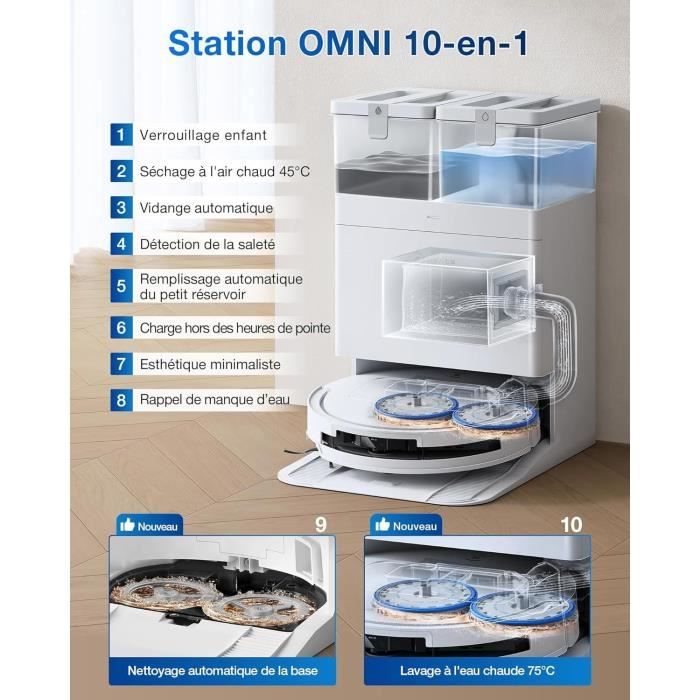 ECOVACS DEEBOT T50 OMNI - Aspirateur Robot Laveur avec Station - 15000Pa - Brosse latérale et serpilliere Extensibles - ZeroTangle