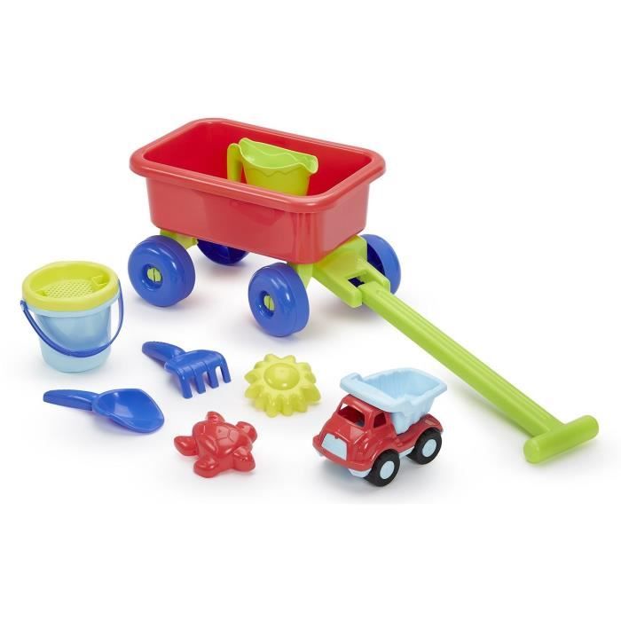 Chariot plage garni - ECOIFFIER - 529 - Seau avec tamis, arrosoir, doublette, 2 moules et 1 petit vÈhicule