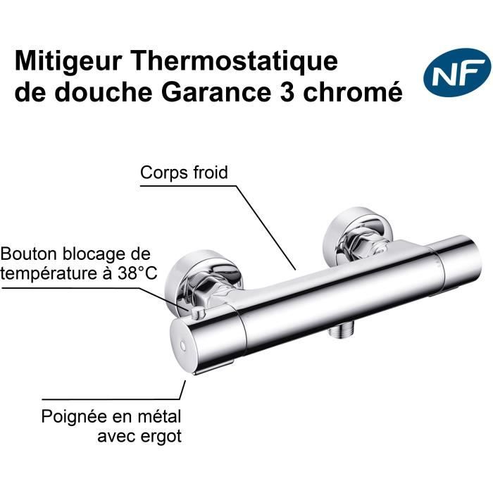 Mitigeur thermostatique de douche - EDOUARD ROUSSEAU - Garance 3 - Corps froid - Adapté a toute production d'eau chaude - Chromé