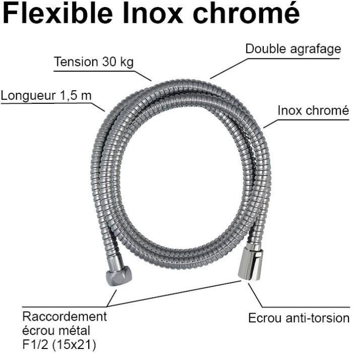 Flexible de douche - ROUSSEAU - Écrous métal anti-torsion - Réducteur de débit - Longueur 1m50 - Inox chromé double agrafage