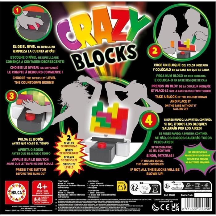 Jeu d'adresse - EDUCA - CRAZY BLOCKS - 15 blocs colorés - a partir de 4 ans - 2 joueurs ou plus