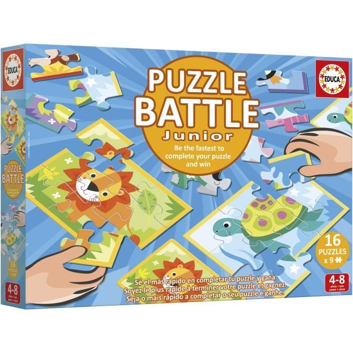 Puzzle - EDUCA - Battle Jr Animals - 16 puzzles - 9 pieces par puzzle - Pour enfants a partir de 4 ans