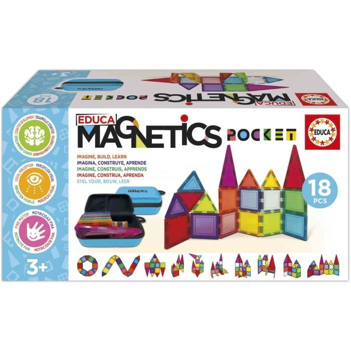 Magnetics Mallette - Jeu de construction - EDUCA - 18 blocs magnétiques, 2 animaux, 8 cartes - Des 3 ans