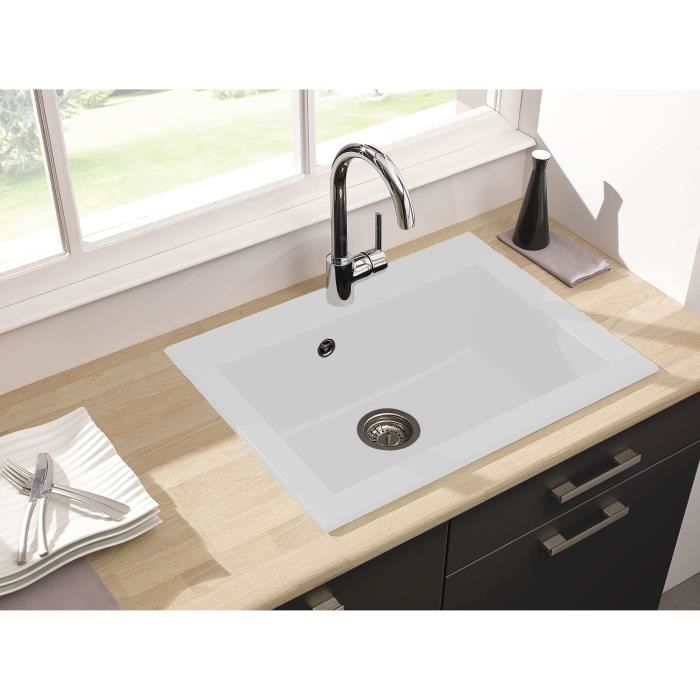STRADOUR Evier cuisine a encastrer 1 bac sans égouttoir Hexo - Résine - 66 x 50 cm - Blanc