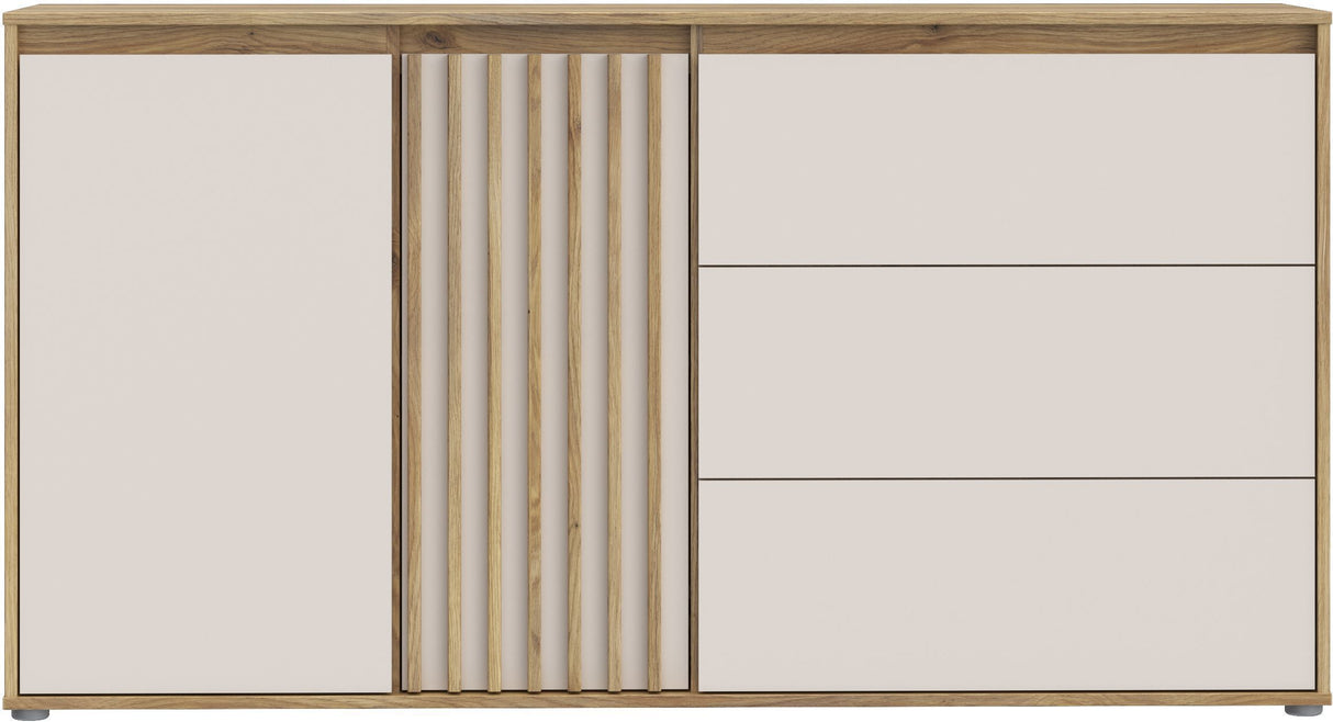 Buffet - ELISTON - Blanc mat / Chene - 2 portes - 3 tiroirs - 159,6 x 41,5 x 81,7 cm