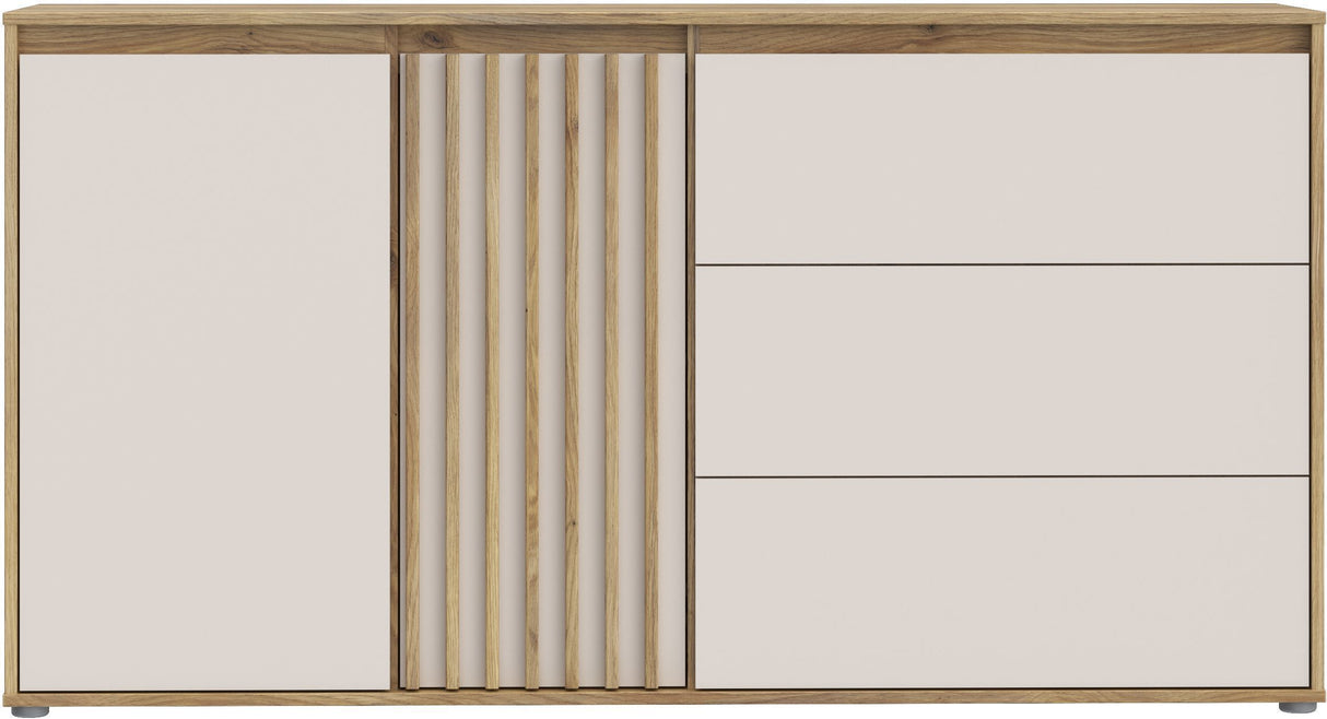 Buffet ELISTON - Blanc Mat & Chene – 2 Portes + 3 Tiroirs – L 159,6 × P 41,5 × H 81,7 cm