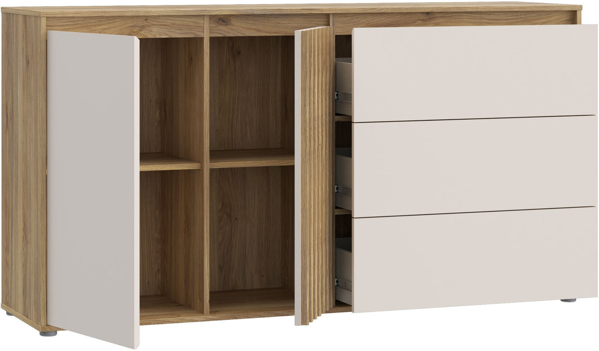 Buffet ELISTON - Blanc Mat & Chene – 2 Portes + 3 Tiroirs – L 159,6 × P 41,5 × H 81,7 cm