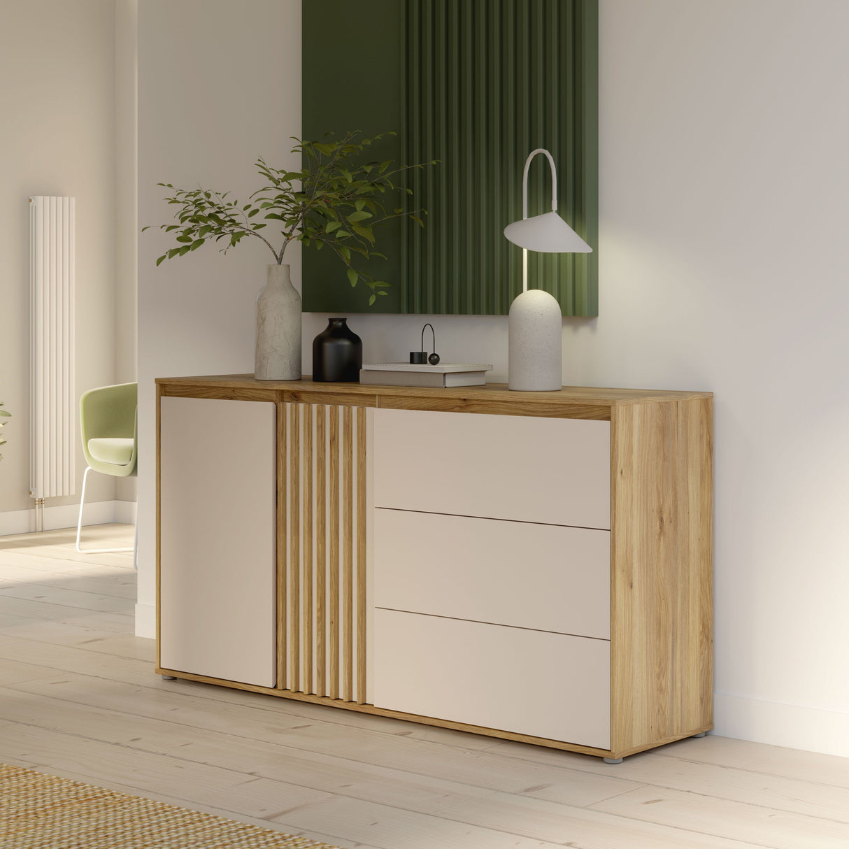 Buffet - ELISTON - Blanc mat / Chene - 2 portes - 3 tiroirs - 159,6 x 41,5 x 81,7 cm