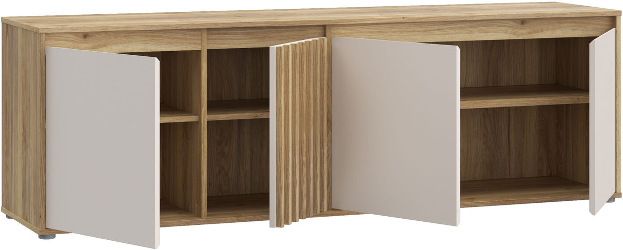 Meuble TV ELISTON – Blanc Mat & Chene – 4 Portes – 174,3 × 41,5 × 56,1 cm