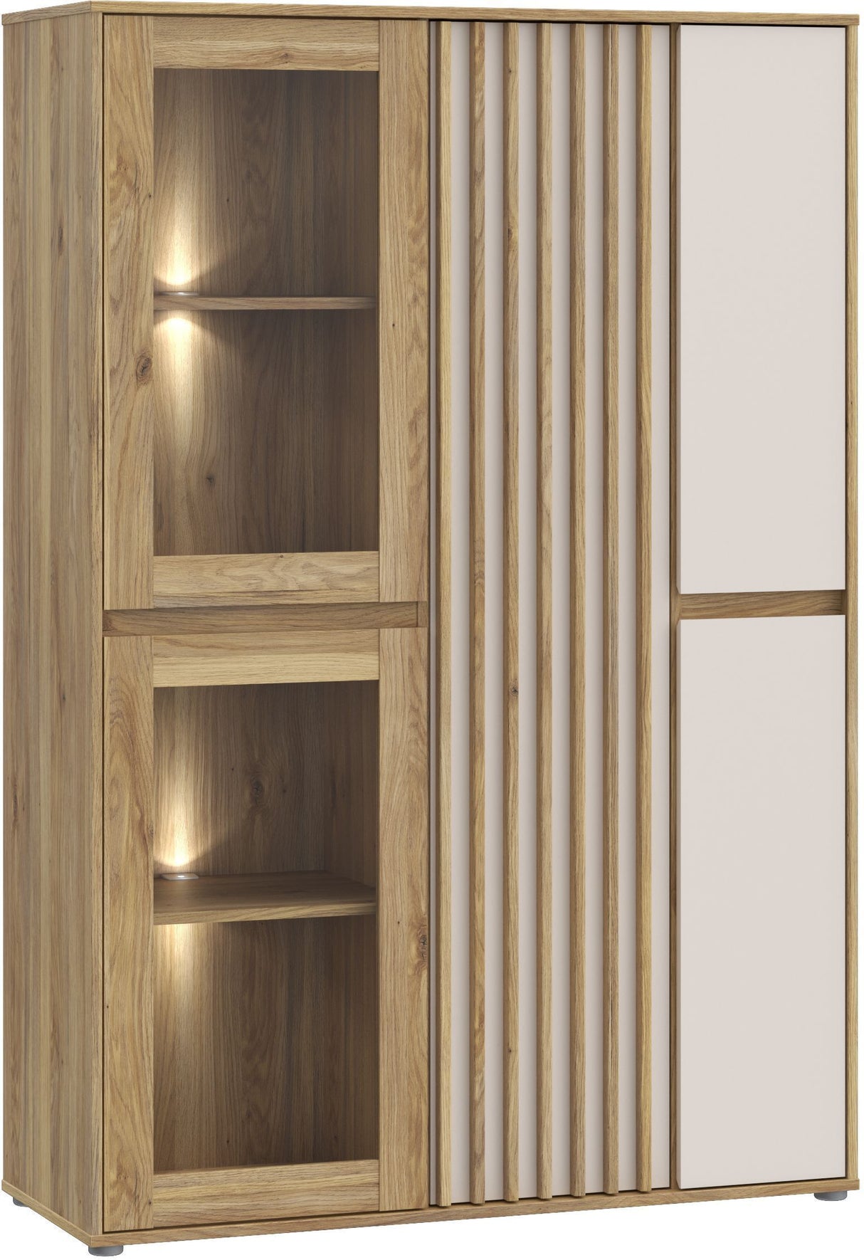 Meuble de Rangement Bibliotheque - ELISTON - FORTE - Blanc Mat & Chene Naturel - 5 Portes dont 2 Vitrées - 109,6 × 41,5 × 161,8 cm