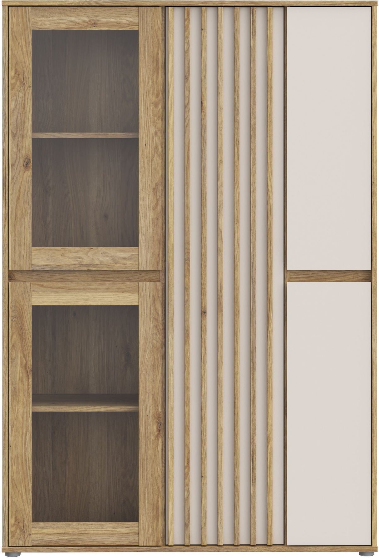 Meuble de Rangement Bibliotheque - ELISTON - FORTE - Blanc Mat & Chene Naturel - 5 Portes dont 2 Vitrées - 109,6 × 41,5 × 161,8 cm