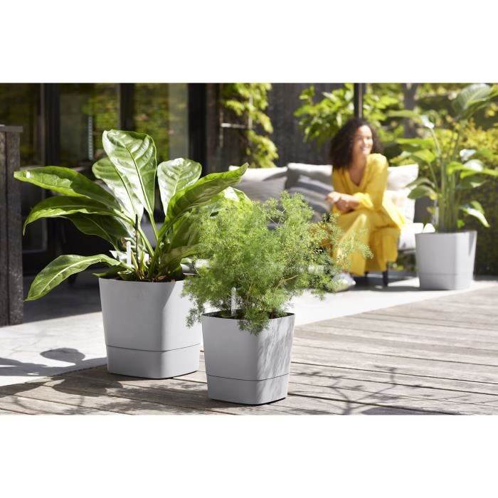 ELHO Pot de fleurs Greensense Aqua Care Carré 38 - Ciment Clair - Intérieur/extérieur - Ø 38 x H 38.9 cm