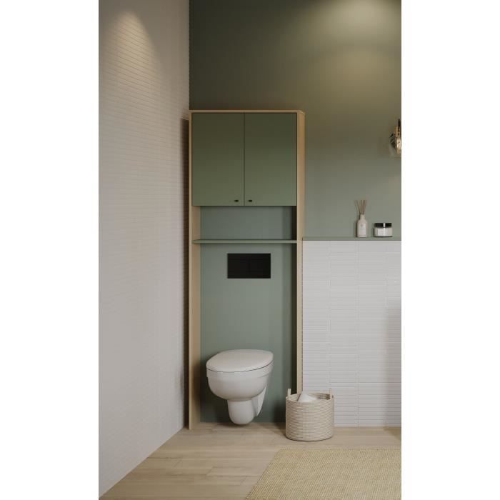 Meuble WC dessus de toilettes - Vert et chene - 2 portes - L64 x P20 x H186 cm - ELISA - DEMEYERE