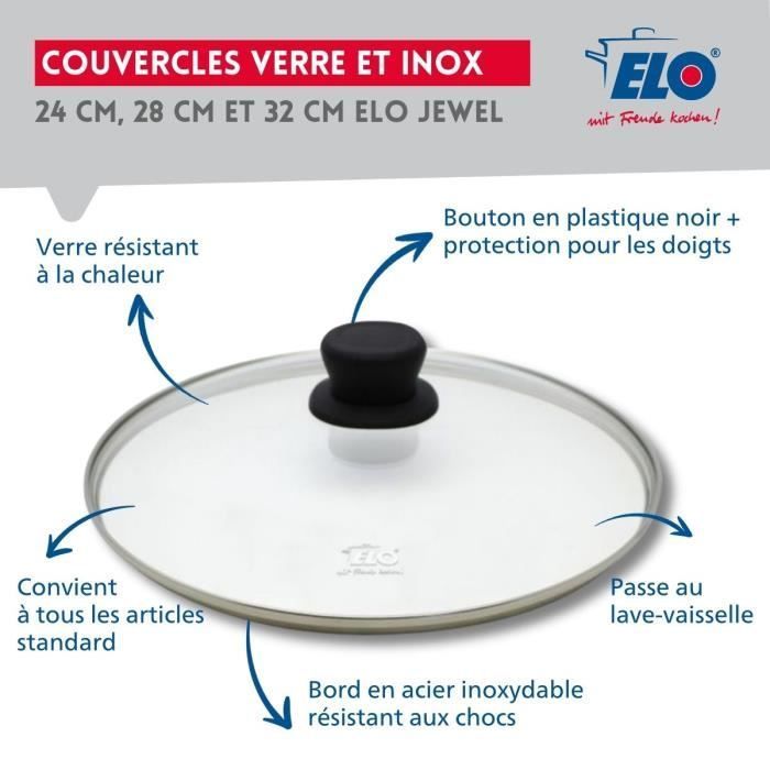 Set de 3 poeles a induction avec couvercles en verre - ELO - Professional - Inox 18/10 ELODUR - Ř 24-28 et 32 cm