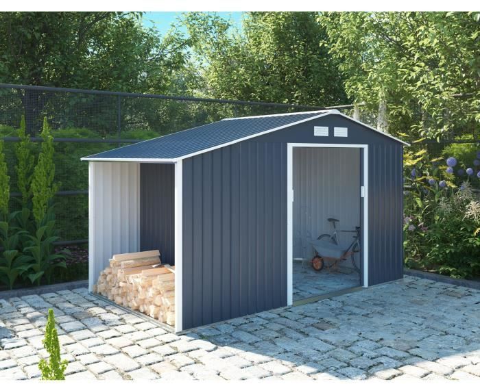 Abri de jardin en métal et abri bûches 6,53 m² - 342 x 191 x 202 cm - SOLIS - Kit d'ancrage inclus, 2 portes coulissantes - Gris