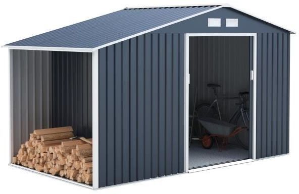 Abri de jardin en métal et abri bûches 6,53 m² - 342 x 191 x 202 cm - SOLIS - Kit d'ancrage inclus, 2 portes coulissantes - Gris
