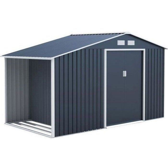 Abri de jardin en métal et abri bűches 6,53 m˛ - 342 x 191 x 202 cm - SOLIS - Kit d'ancrage inclus, 2 portes coulissantes - Gris