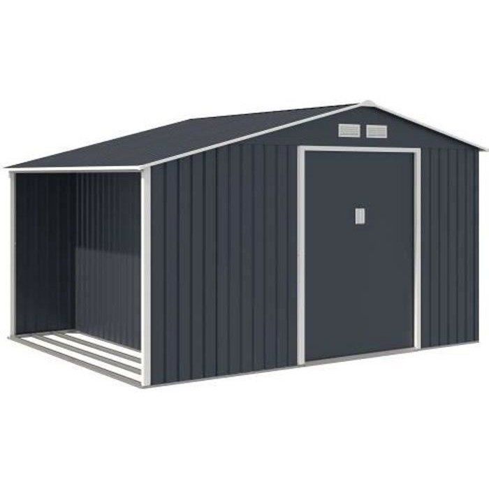 Abri de jardin en métal et abri bűches 8,72 m˛ - 342 x 255 x 202 - NOVA - Kit d'ancrage inclus, 2 portes coulissantes - Gris