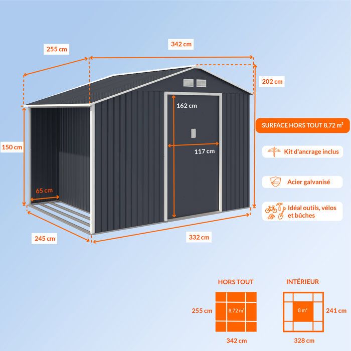 Abri de jardin en métal et abri bűches 8,72 m˛ - 342 x 255 x 202 - NOVA - Kit d'ancrage inclus, 2 portes coulissantes - Gris