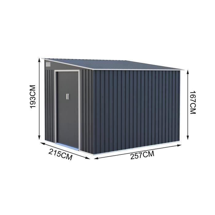 Abri de jardin en métal 5,5 m² - 215 x 257 x 193 cm - TORONTO - Kit d'ancrage inclus, 2 portes coulissantes - Gris
