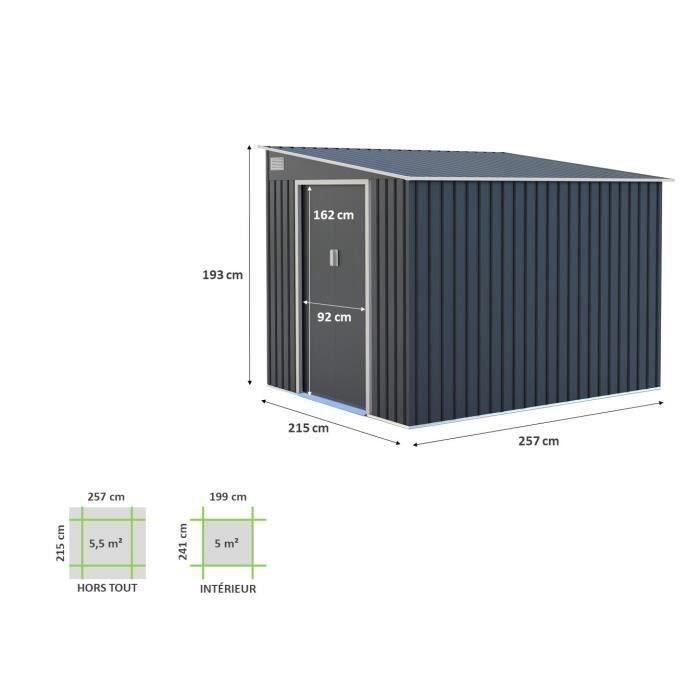 Abri de jardin en métal 5,5 m² - 215 x 257 x 193 cm - TORONTO - Kit d'ancrage inclus, 2 portes coulissantes - Gris