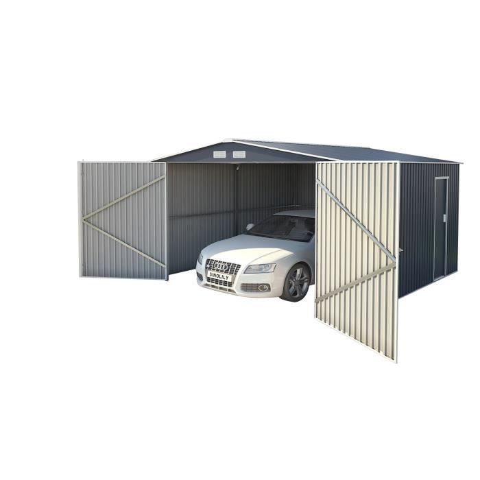 Abri de jardin / Garage en métal 16 m² - 380 x 420 x 232 - COMET - Kit d'ancrage, 2 portes coulissantes , 1 porte latérale Gris